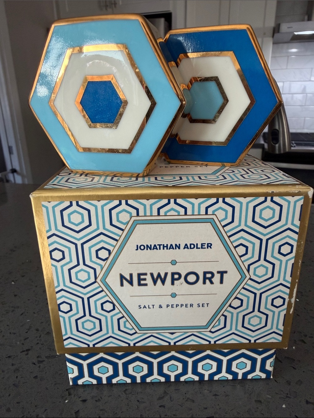 Jonathan Adler Hexagon Salt & Pepper Set - Aqua, Blue, White, Gold